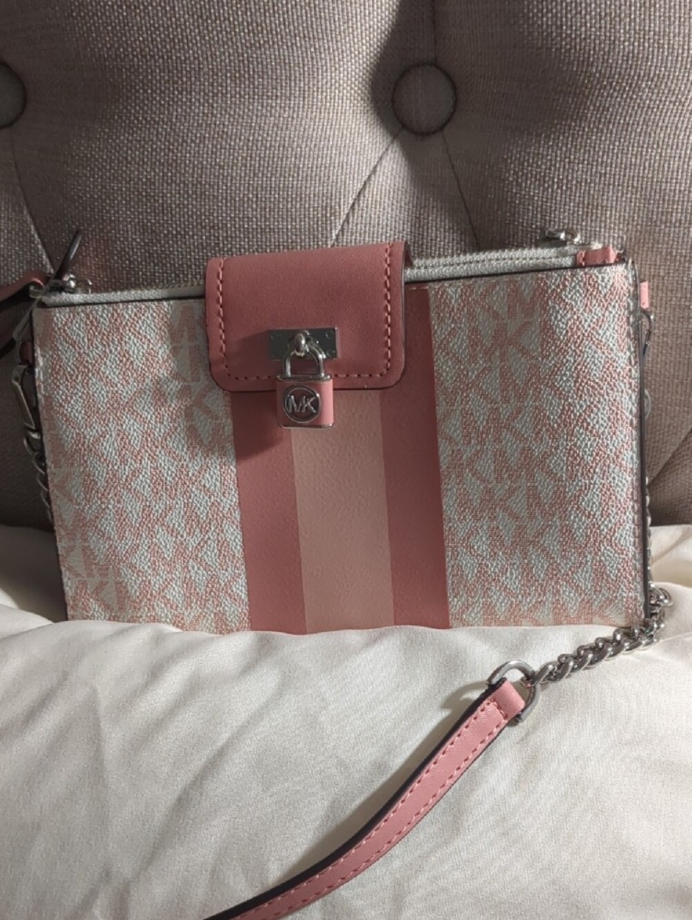 Michael Kors Pink Signature Stripe Crossbody Pouch with Silver Hardware - Picture 6 of 6